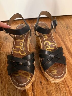 Sam Edelman Black Leather Espadrille Wedge Sandals with Ankle Strap